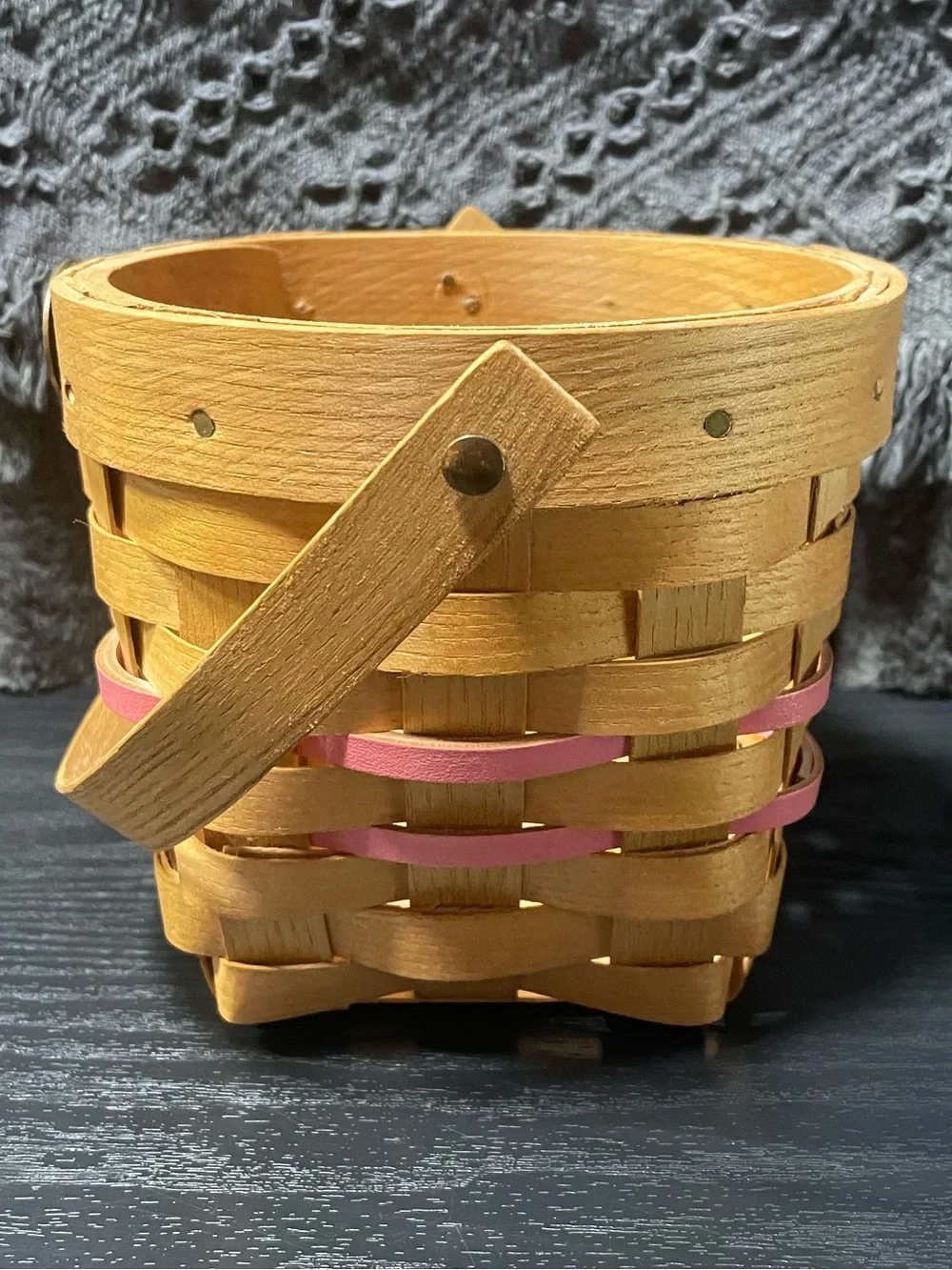 Rare Peterboro Basket Co. 150th Anniversary Wood Hanging Basket Pink Accents